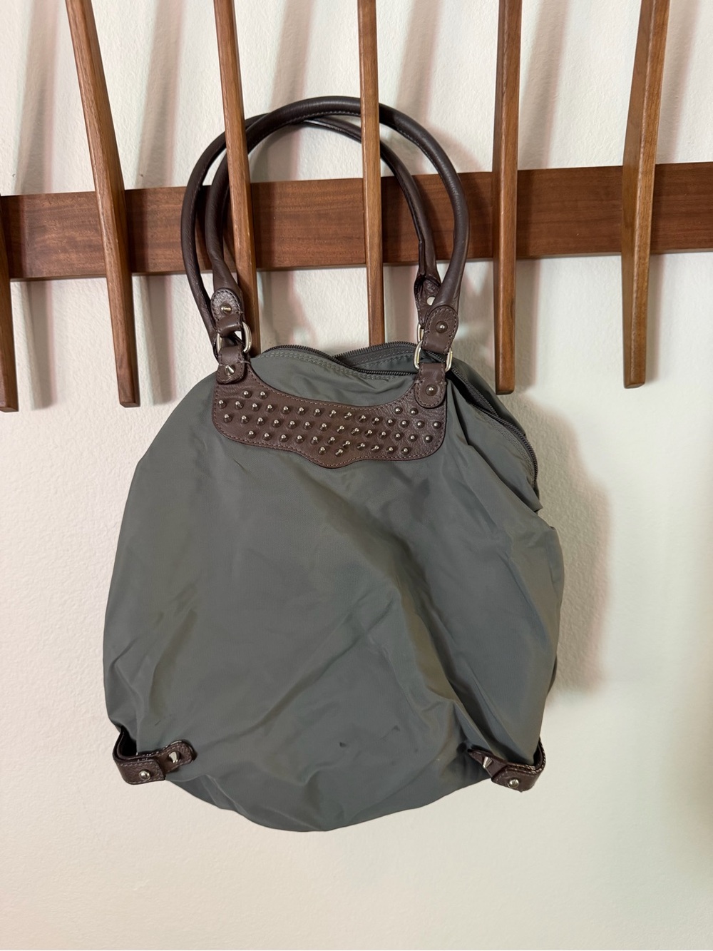 Rebecca Minkoff Women’s Nylon Gray Tote Bag with Leather and Studded Trim